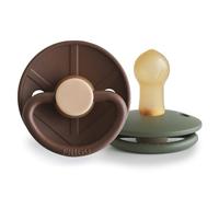 FRIGG Little Viking Latex Pacifier | Pack of 2 Pacifiers | Natural Rubber Soother Dummy | BPA-Free | Made in Denmark | Symmetrical Cherry Shaped Nipple | (Cocoa/Olive, Size 1 (0-6 Months))