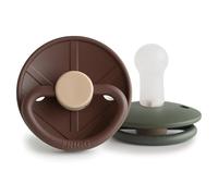 FRIGG Little Viking Silicone Pacifier | Pack of 2 Pacifiers | Silicone Soother Dummy | BPA-Free | Made in Denmark | Symmetrical Cherry Shaped Nipple | (Cocoa/Olive, Size 2 (6-18 Months))