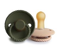 FRIGG Rope Latex Pacifier Pack of 2 | Natural Rubber Soother Dummy | BPA-Free | Made in Denmark | Symmetrical Cherry Shaped Nipple (Croissant/Olive, Size 2 (6-18 Months))