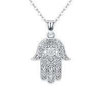 Friggem Hamsa Hand Necklace for Women,S925 Sterling Silver Fatima Hand Pendant Necklace Sacred Lotus Charm Jewelry Gift Women's Path of Symbols Friendship