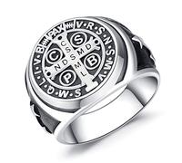 Friggem Men's & Women's 925 Sterling Silver Saint Benedict Signet Ring, Vintage Religious Cross Ring, No Gemstone, Silver