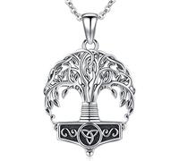 Friggem Tree of Life Necklace 925 Sterling Silver Viking Thor's Hammer Mjolnir Pendant Necklace Amulet Celtic Knot Tree of Life Pendant Jewelry for Women Girl