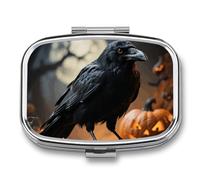 Frightening Halloween Crow Pill Box Travel Pill Organizer 2-Compartment with Mirror Design Portable Square Medicine Case for Vitamins, Jewelry & Essentials Durable Pocket Pillcase for Purse, Camping