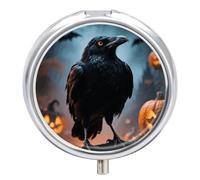 Frightening Halloween Crow Pill Case with 3 Compartments - Portable Travel Pill Organizer for Purse, Easy-Open Button Design, Small Round Pillbox Vitamin Holder Organizer for Women Men
