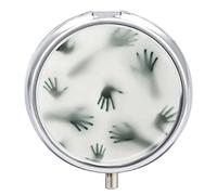 Frightening Silhouette of Human Hands Iron Pill Box Case Organizer with Internal Separate Plastic Dividers, Travel Small Medicine Bag Holder Carrier Round Container