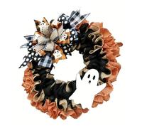 Frightful Specter Wreath For Halloween Eerie Handmade Door Ornament Linen Wall Hanging For Haunting House Decoration Halloween Bowknot Wreath