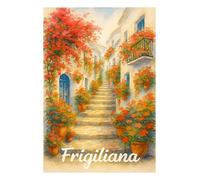 Frigiliana Mediterranean Watercolour Wall Art Print, Orange Floral Stairway Scene, Spanish Village Artwork. Size A4