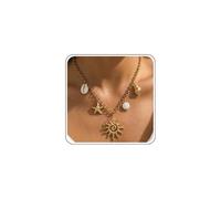 Frigotine Dainty Gold Shell Pearl Charm Necklace for Women, Cute Seashell Starfish Sun Adjustable Chain Choker, Lightweight Summer Beach Jewelry for Vacation Outfits Boho Gift, Stainless Steel, No