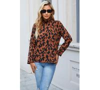 Frill Detail High Neck Top In Camel Brown & Black Leopard Animal Print FS Collection Brown 8-10