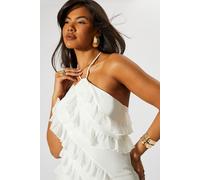 Frill Halter Neck Asymmetric Mini Dress MissPap White 8