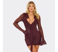 Frill Long Sleeve Plunge Draped Detail Mini Dress In Chocolate Brown Lace, Women's Size UK 6