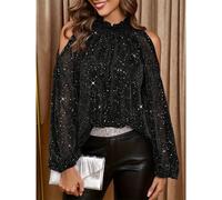 Frill Mock Neck Cold Shoulder Blouse- Black Blouses Everyday The Label Black 8