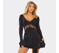 Frill Sleeve Lace Trim Drape Detail Mini Dress In Black, Women's Size UK 10