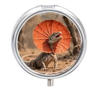 Frilled Lizard Pill Box 3 Compartment Round Metal Pill Organizer Portable Mini Travel Medicine Case with Mirror Cute Medicine Container Holder for Pocket Purse
