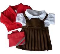 FRILLY LILY MEDIUM DOLLS SCHOOL UNIFORM 18-20 INCH [ 45-50 CM ] TALL DOLLS.BROWN PINAFORE, WHITE BLOUSE, RED CARDY, RED BOOK BAG .TO FIT DOLLS SUCH AS BABY ANNABELL 46 cm