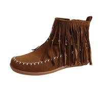Fringe Ankle Boots For Women, Round Toe Side Zip Flats Wide Calf Vintage Tassel Boots Studded Walking Boot Suede Pull On Boot Ladies Low Heel Short Shoes Anti-Slip Western Cowboy Footwear