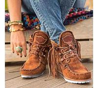 Fringe Boots Women Moccasin Vintage Platform Cowboy Short Suede Tassel Lace Up Wide Round Toe Chunky Ladies Ankle Boots Ethnic Bohemian Low Heels Beach Slip On Dress Walking Shoes