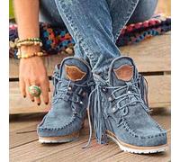 Fringe Boots Women Moccasin Vintage Platform Cowboy Short Suede Tassel Lace Up Wide Round Toe Chunky Ladies Ankle Boots Ethnic Bohemian Low Heels Beach Slip On Dress Walking Shoes
