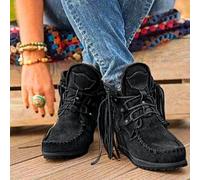Fringe Boots Women Moccasin Vintage Platform Cowboy Short Suede Tassel Lace Up Wide Round Toe Chunky Ladies Ankle Boots Ethnic Bohemian Low Heels Beach Slip On Dress Walking Shoes