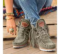 Fringe Boots Women Moccasin Vintage Platform Cowboy Short Suede Tassel Lace Up Wide Round Toe Chunky Ladies Ankle Boots Ethnic Bohemian Low Heels Beach Slip On Dress Walking Shoes