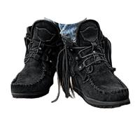 Fringe Boots Women Vintage Platform Cowboy Short Tassel Lace Up Wide Round Toe Chunky Ladies Ankle Boots Slip On Dress Walking Shoes With Fringes Ethnic Low Heels Beach