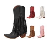Fringe Cowboy Boots For Women,Mid Calf Western Boots Women Chunky Heeled Booties Pointed Toe Booties Causal Shoes With Non Slip Sole Streetwear Fall/Winter Footwear For Concerts Music Festivals