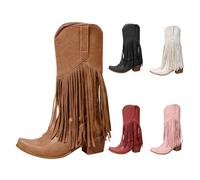 Fringe Cowboy Boots For Women,Mid Calf Western Boots Women Chunky Heeled Booties Pointed Toe Booties Causal Shoes With Non Slip Sole Streetwear Fall/Winter Footwear For Concerts Music Festivals