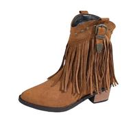 Fringe Cowboy Boots For Women Pointed Toe Chunky Heel Dress Ankle Boots Western Tassel Cowgirl Boot Wide Mid Calf Pull On Riding Boot Vintage Rivet Lightweight Short Shoes Fall Winter