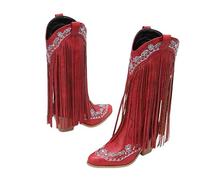 Fringe Cowboy Boots for Women, Pull On Mid Calf Chunky Block Heel Boots