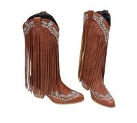 Fringe Cowboy Boots for Women, Pull On Mid Calf Chunky Block Heel Boots