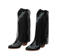 Fringe Cowboy Boots for Women, Pull On Mid Calf Chunky Block Heel Boots