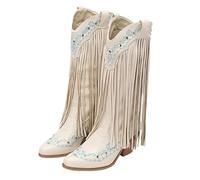 Fringe Cowboy Boots for Women, Pull On Mid Calf Chunky Block Heel Boots