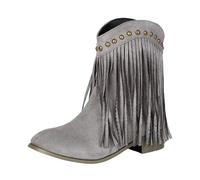 Fringe Cowboy Boots For Women,Suede Cowboy Boots For Women,Pointed Toe Chunky Low Heel Pull On Fall Shoes,Fringe Faux Leather Bootie With Liuding Decorate, Daily Western Ankle Cowgirl Boots