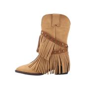Fringe Mid Calf Boots Pointed Toe Chunky Heel Western Cowboy Ankle Height Fall Winter Fashion Slip On Zip Studded (Khaki, 6.5)
