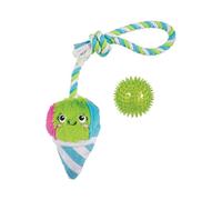 Fringe Studio Plush Dog Toy with Rope - “CONE-FIDENCE IS YUMMY” Snow Cone Squeaky Dog Toy with Crinkle & TPR Ball - Durable Tug Toy for All Dog Sizes - Pet Shop Collection