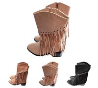 Fringe Tassel Stiletto Cowboy Boots for Women with Zipper Flat Suede Pointed Toe Mid Calf Shoes Western Chunky Heel Cowgirl Boots Casual Double Pointed Toe Stylish Shoes Size 7 Khaki