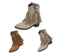 Fringed Ankle Boots For Women, Womens Western Boots, Mid Block Heel Booties With Studded Buckle Detail, Made Of Soft Faux Suede, Comfortable Footwear For Country Concerts And Themed Events