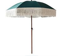 Fringed Beach Parasol with Adjustable Height 180cm, Garden Aluminum Pole Imitation Wood, Green Shade for Balcony, Terrace