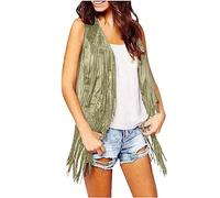 Fringed Waistcoat Women Cowgirl Outfit Solid Color Fringe Top Open Front Sleeveless Gilets Jacket Y2K Hippie Waistcoat Vest with Tassel Faux Suede Rivets Sleeveless Jacket Cardigan Tops