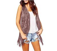 Fringed Waistcoat Women Cowgirl Outfit Solid Color Fringe Top Open Front Sleeveless Gilets Jacket Y2K Hippie Waistcoat Vest with Tassel Faux Suede Rivets Sleeveless Jacket Cardigan Tops