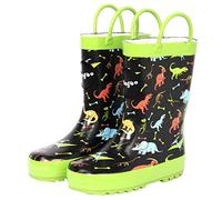 Fringoo - Boys Welly - Size 7 UK Child - Rubber - Neon Green Accents - Multicolour Dinosaur Design - Kids Rain Boots