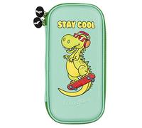 Fringoo - Kids Pencil Case - Stay Cool Skater Dino Design - Green Pencil Case - Stationery Holder - Large - Embossed Hardtop - Double Zipper