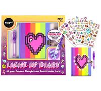 Fringoo - Light Up Girls Secret Diary with Invisible Ink Pen, 2 Keys, Padlock and 5 Sticker Sheets | Beautiful Girls Notebook And Pen Set For Secrets (Rainbow Pixel Heart)