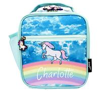 Fringoo Personalised Kids Lunch Bag Thermal Insulated 2 Compartment Cooler Bag with Side Mesh Pocket Nursery School Travel Lunchie (Unicorn Clouds)