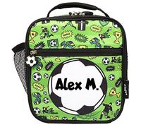 Fringoo Personalised Kids Lunch Bag Thermal Insulated 2 Compartment Cooler Bag with Side Mesh Pocket Nursery School Travel Lunchie (Football)