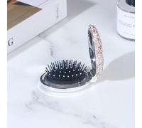 Frinnovan 1 Pack Rhinestone Pocket Hair Brush with Mirror Bling Travel Folding Combs Sparkle Portable Collapsible Compact Comb for Women Wedding Party (No Chain-With-Round-Pink)