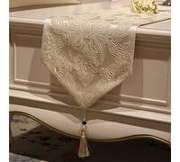 Frinza Elegant And Luxurious Embroidered Flowers Table Runner With Tassels Antique Gold Christmas Damask Effect Glacier, Beige, Brown, Gray (Beige,32 * 180cm)