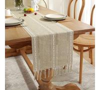 Frinza Elegant And Luxurious Rustic Farmhouse Style Linen Table Runner, Boho Handmade Tassel, Embroidered Table Runners for Wedding, Party and Dining Decor (Light Coffee,33x228cm)