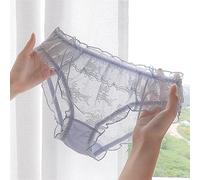 Frinza Knickers 3 Pcs Japanese Sexy Full Lace Large Size Women Panties Girl Sweet Ruffled Mid-waist Quick-drying Mesh See-through Bow(Blu,3XS)