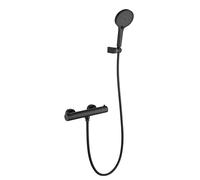 Friota Black Thermostatic Shower Mixer Set, Anti Scald 38°C Constant Temperature Control Mixer Shower Bar, Safety Lock Button Exposed Wall Mounted Bath Mixer Taps with Shower for Bathroom